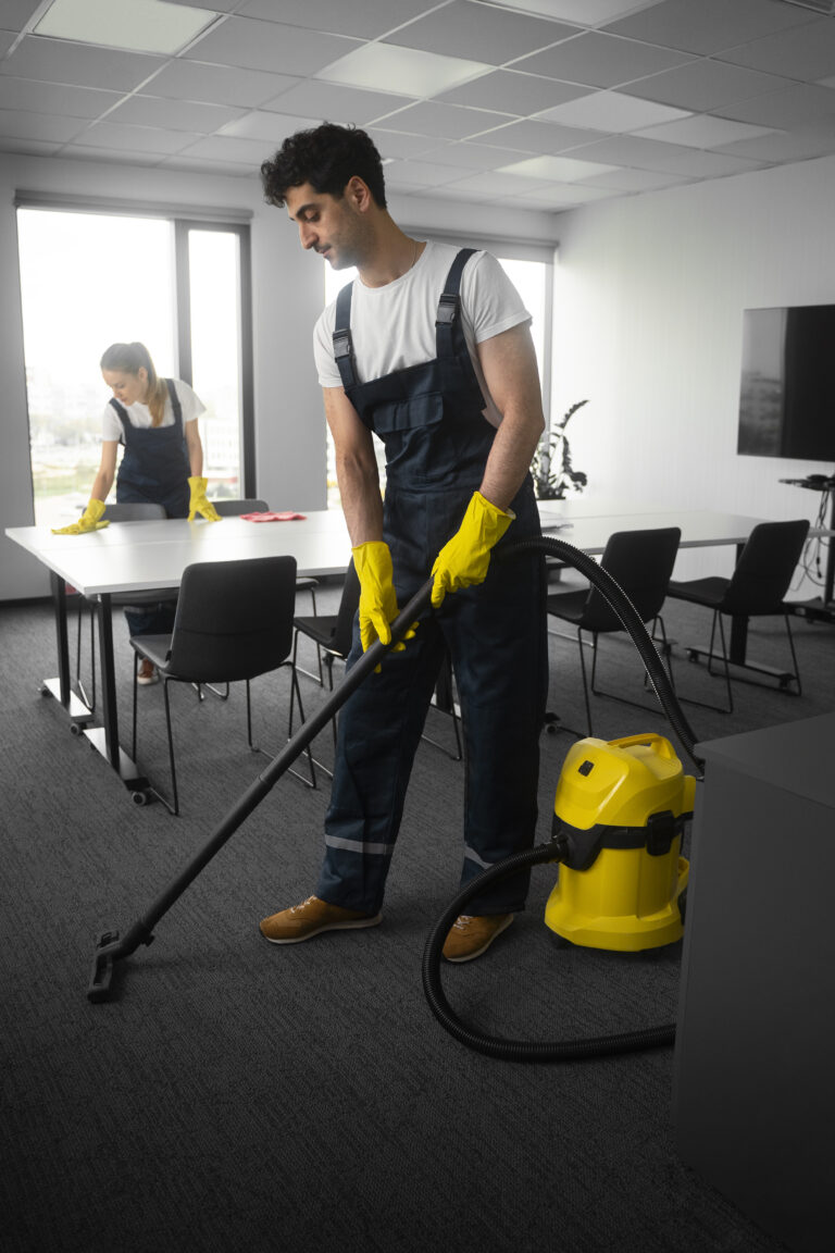 full shot people cleaning office