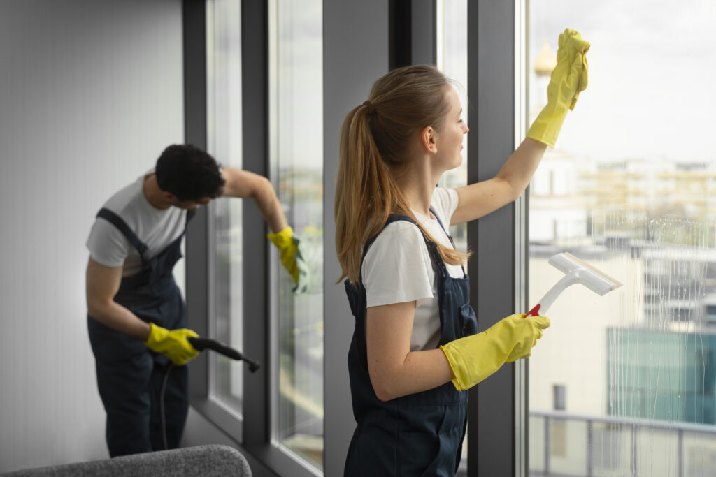 medium shot people cleaning building